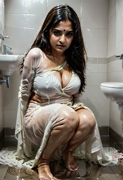 Photorealistic image of a wet voluptuous mature indian woman in her late 40s wearing a transparent white saree, facing the camera,squatting on the bathroom floor,hair is wet and messy, makeup is smeared