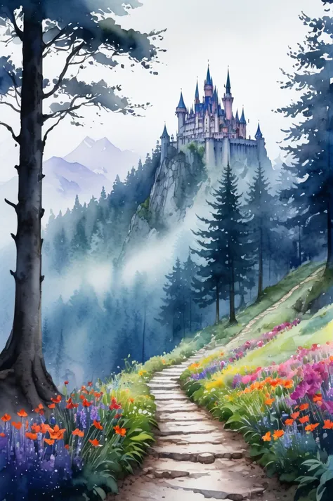 picture of small path in the misty dark tall tree forest leading to distant holy and magical forest, (watercolor), the ground is rich of vibrant colorful flower, wet on wet,  loose watercolor, with mystical mountain landscape on the background, ultra high ...