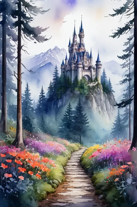 picture of small path in the misty dark tall tree forest leading to distant holy and magical forest, (watercolor), the ground is rich of vibrant colorful flower, wet on wet,  loose watercolor, with mystical mountain landscape on the background, ultra high ...