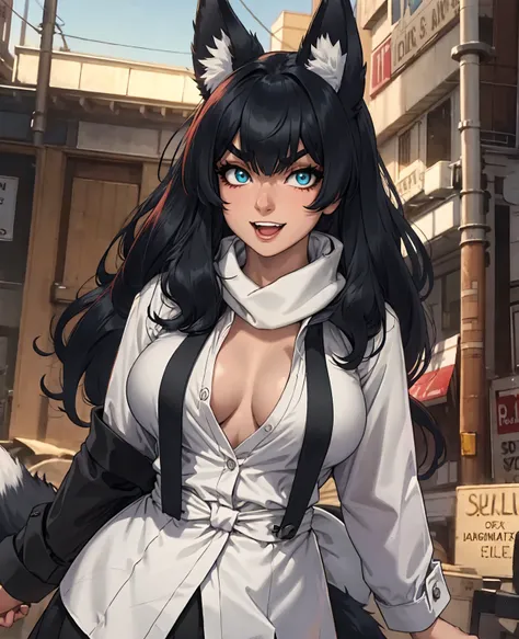 1girl, animal ear fluff, animal ears, aqua eyes, bangs, black coat, breasts, buttons, coat, crossed arms, fox ears, fox girl, highres, large breasts, long hair, looking at viewer, open mouth, partially unbuttoned,  road, scarf, shirt, short eyebrows, smile...