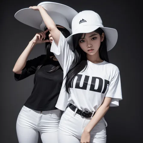 A young Indonesian woman, 25 years old, stands in front of a dark background, wearing a white hat with a wide brim, a black t-shirt with white text and graphics, white pants, and a black belt.  the woman is posing with her hand near her face, the brim of t...