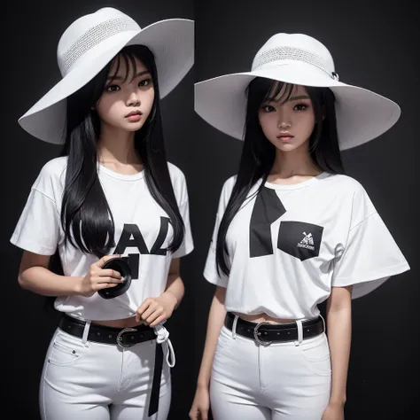 A young Indonesian woman, 25 years old, stands in front of a dark background, wearing a white hat with a wide brim, a black t-shirt with white text and graphics, white pants, and a black belt.  the woman is posing with her hand near her face, the brim of t...