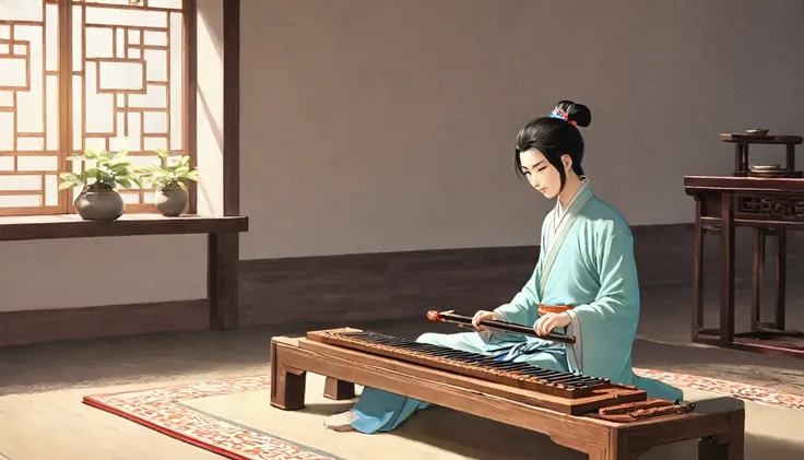 cartoon illustration,the man sitting,play the chinese guqin, cartoon still, cartoon, inspired by wu daozi, animation scene, insp...