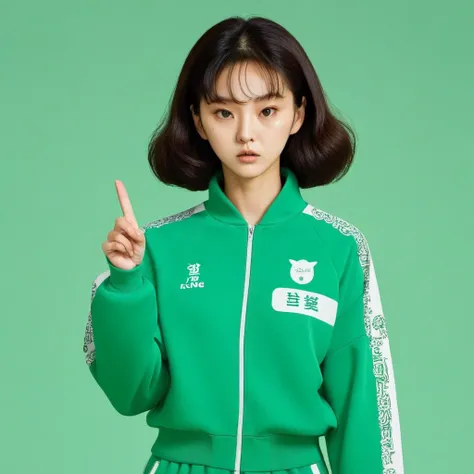 kang sae-byeok, squid game, jung ho-yeo, wearing a green squidgame tracksuit, simple background, finger gun