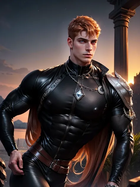 (Best Quality, detailed, restoration of faces and hands, Professional lighting) scandinavian young muscular man, copper hair and silver tips with a fade, onyx colored eyes, in a black leather outfit with an obsidian pearl on her chest walking towards a sun...