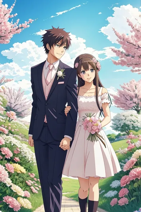 Cute with flowers and couple in anime