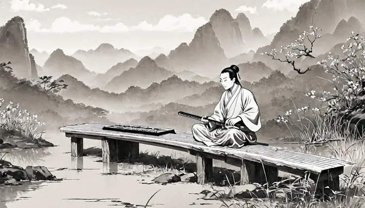 cartoon illustration,the man sitting,play the chinese guqin, cartoon still, cartoon, inspired by wu daozi, animation scene, insp...