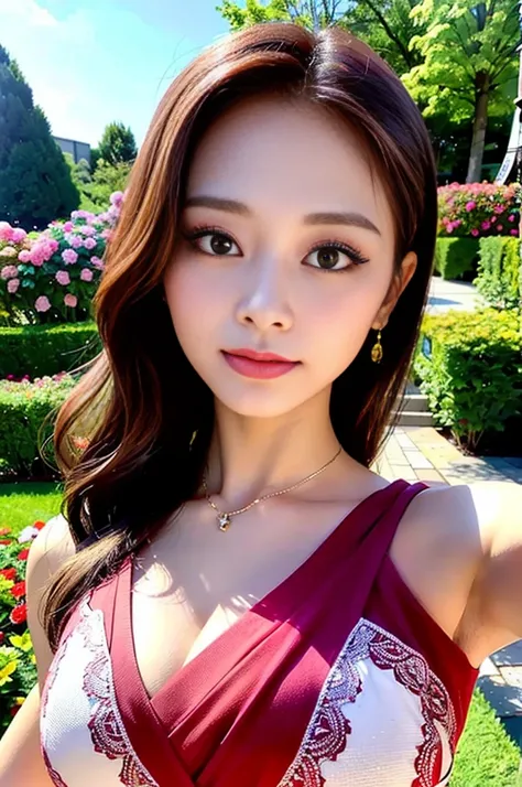 Tzuyu 1, woman, (Realistic), (Hyperrealism), (photoRealistic), Written boundary depth, eye make up:0.7 (whole body:1.8), (Large Bust),(Tight waist), Observe the audience,At the flower garden, Fashion Model, A sexy dress with open shoulders and neckline,Hol...