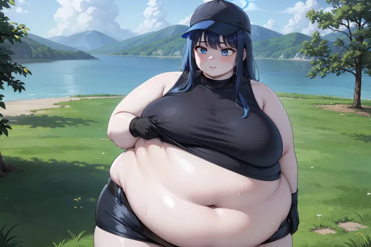 saori joumae, blue eyes, blue hair, halo, long hair, massive breasts, wide hips, outdoors, lake, upper body, torn clothes, massive hips,bare arms, bare shoulders, belt, black headwear, black pants, black shirt, blue gloves, crop top, gloves, leggings, midr...