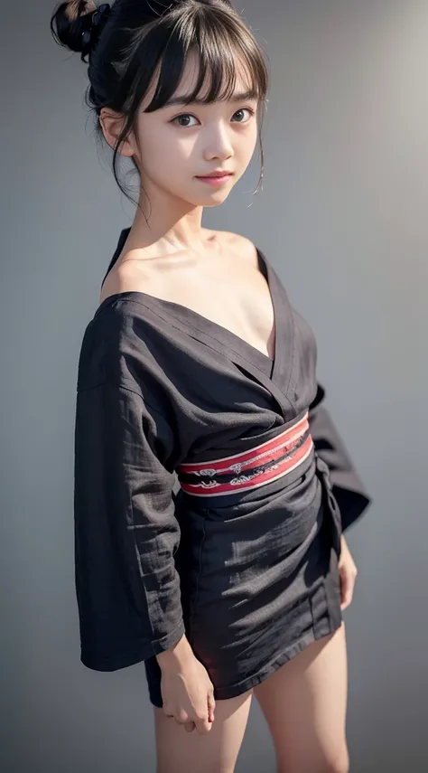 ((Highest quality, 8K, masterpiece :1.3)),  Photorealistic，(Cinema Lighting)，Facial detail texture.. double eyelid, Slender body. Very small breasts, Sexy clavicle，((Very cute 12 year old girl)), Photorealistic:1.37， Open kimono、((A girl wearing a black yu...