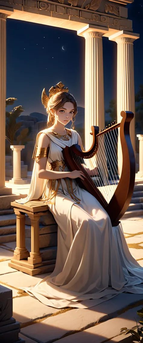 a young priestess, sitting, playing a large lyre, ancient greek temple, late at night, highly detailed, photorealistic, realisti...