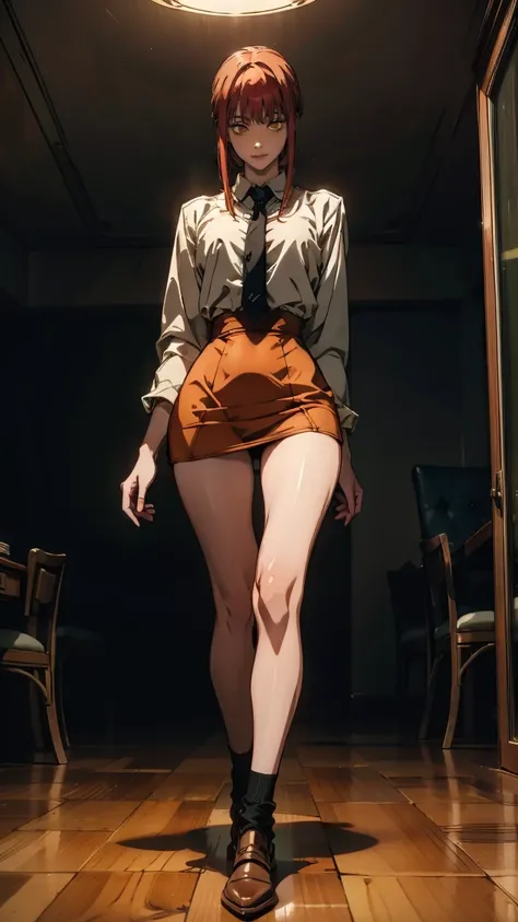 The character Makima from the anime series Chainsaw Man, fragile, full length (Full body 1.1.), dark background, darkness, Correct anatomy 1.1, holds his hands behind his back, correct hand anatomyVery sexy, erotica, very feminine, beautiful figure, legs, ...