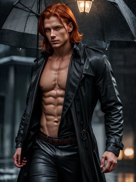 (Best Quality, detailed, restoration of faces and hands, Professional lighting) scandinavian young muscular man, copper hair and silver tips with a fade, onyx colored eyes, in an outfit of a black trench coat walking under a rainy night