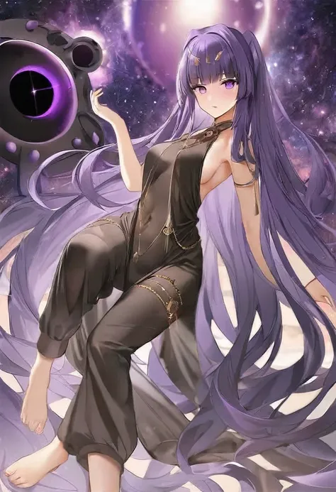 Athena，Extra long purple hair，Purple Eyes，Black one-piece dress，adult female figure，There are small purple and gold decorations，The long jumpsuit is very sexy，barefoot，A black hole in the background universe，Purple black hole