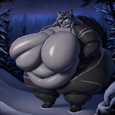 Wolf, female, long dark grey hair, huge breasts huge hips, huge thighs, plump, voluptuous,obese,wide silhouette, feminine, very curvy, corpulent l, fat arms, fat legs,fully black body,dark grey stripes, boreal forest, nighttime,  gorgeous, beautiful, eyela...