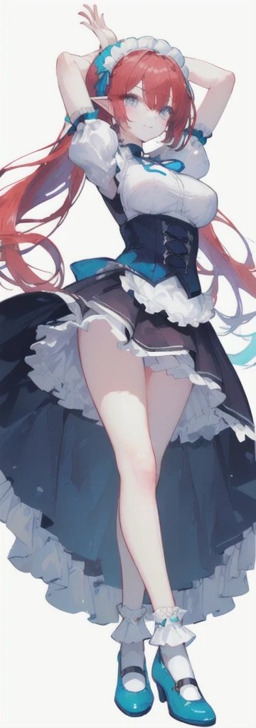 (long beautiful red hair) cyan eyes, (Eyes behind long bangs) big breasts, using accessories (using socks) perfect shiny beautiful cyan shoes (Wearing luxurious palace maid clothes Perfect perfect noble)  Pose facing sideways (Girl1, straight hair not too ...