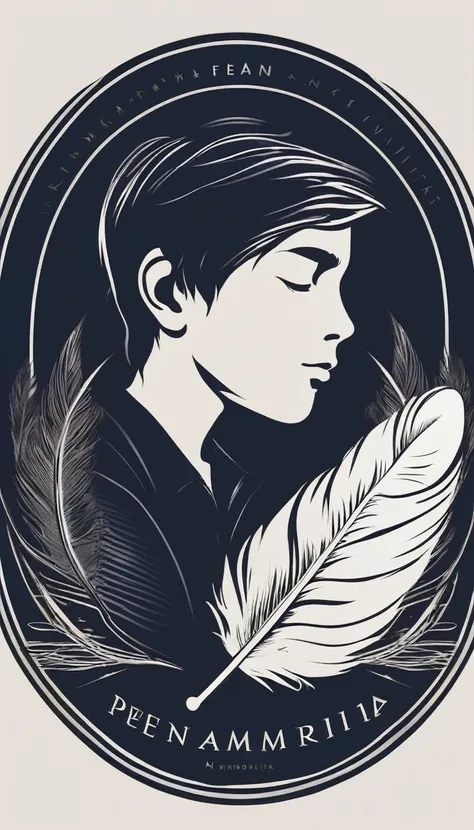 A minimalist, fantastic, poetic, dreamy, captivating, memorable, masterpiece, modern, simple logo design of a boy and a feather for the brand “Penamemoria". The logo must convey a sense of music, stories and dreams. Minimalistic logo design of a boy and a ...