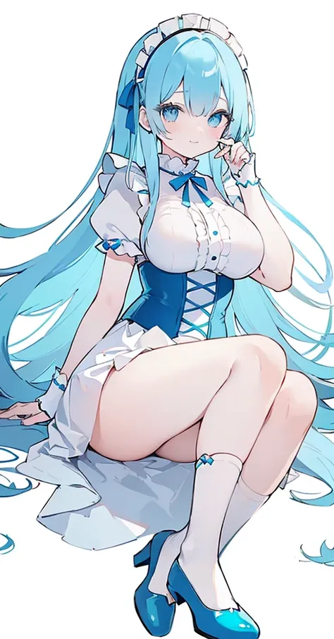 (long beautiful blue hair) cyan eyes, (Eyes behind long bangs) big breasts, using accessories (using socks) perfect shiny beautiful cyan shoes (Wearing luxurious palace maid clothes Perfect perfect noble)  Pose facing sideways (Girl1, straight hair not too...