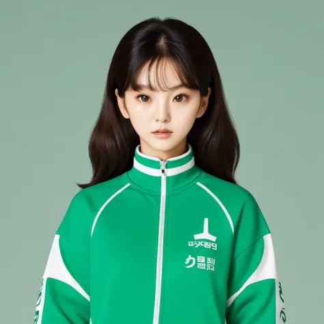 kang sae-byeok, squid game, jung ho-yeo, wearing a green squidgame tracksuit, simple background, peace siggn