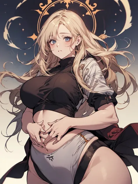 Beautiful plus size anime girl, fashion able overweight girl, pretty, large breasts, wide hips, big tummy, large stomach, cute stomach bump, fashion, outfit, cool pretty clothes, long hair, waist length hair, blonde hair, straight hair, 