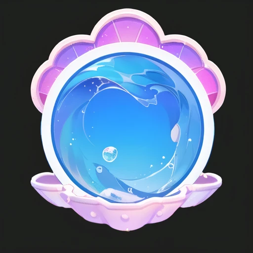 一个打开的贝shell，贝shell, summer，waves，seabed，water splash，round background, flat 2 d, game assets, game icon assets, 2d rendering, 3d...