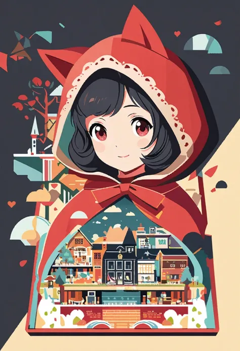  a postcard design, Little Red Riding Hood story, flat design, vector illustrations, graphic illustration, detailed 2D illustration, flat illustration, Digital illustration, digitl art,