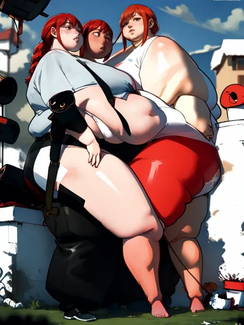 Le personnage Makima de la série animée Chainsaw Man, fragile, obésité morbide, ssbbw, pleine longueur (corps entier 1.1.), fond sombre, obscurité, anatomie correcte 1.1, anatomie correcte de la main, Très féminin, corps gras et rond, grosses Jambes, fesse...