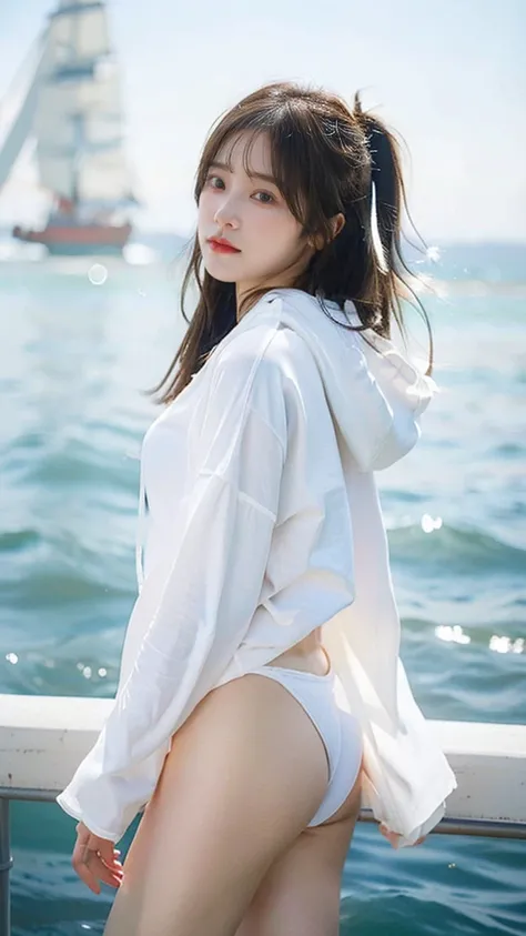 best resolution,Wearing a white hoodie blowing in the wind in the clear blue sea、woman wearing thong panties、Looking up from below, panties and ass visible, standing on the waves。her hair is long、shine white、cute hairstyle