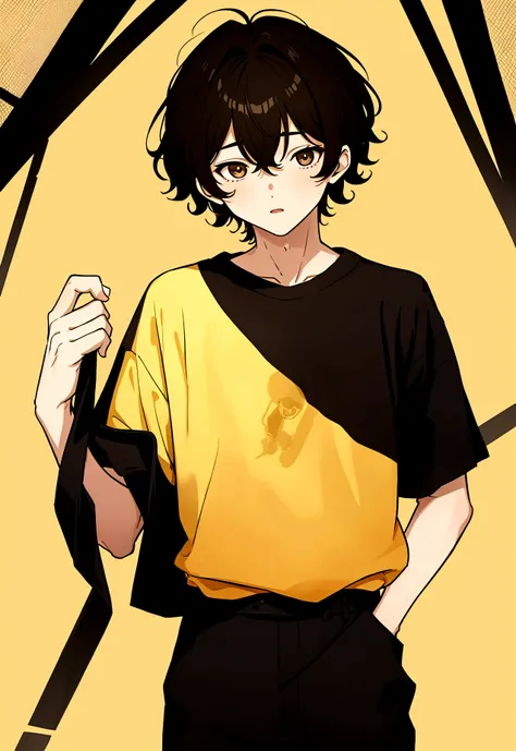 17 year old boy, wearing a short yellow shirt, right, and curly black hair with ombre, ojo right color cafe, brown left eye