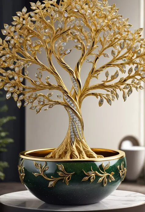  Describe the breathtaking elegance of the luxurious tree adorned with diamonds and gold, highly detailed, 8k 