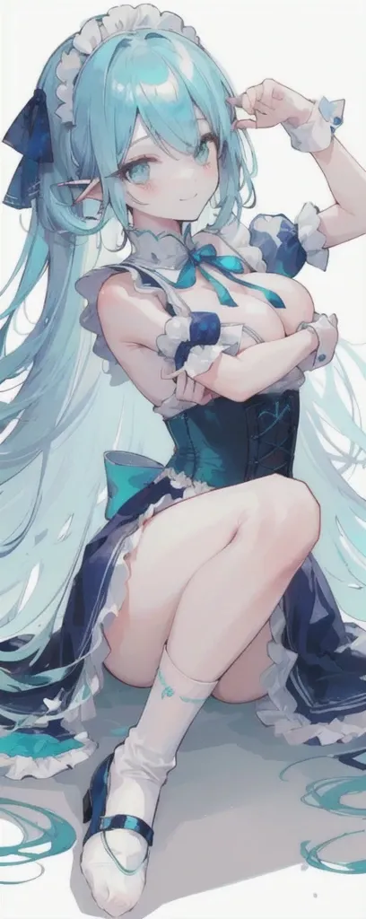 (long beautiful blue hair) cyan eyes, (Eyes behind long bangs) big breasts, using accessories (using socks) perfect shiny beautiful cyan shoes (Wearing luxurious palace maid clothes Perfect perfect noble)  Pose facing sideways (Girl1, straight hair not too...