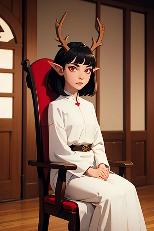 Girl with long pointed ears, short black hair, duendecillo haircut, Red eyes, antlers on the head, dressed in white sitting on a chair in line waiting somewhere while bored