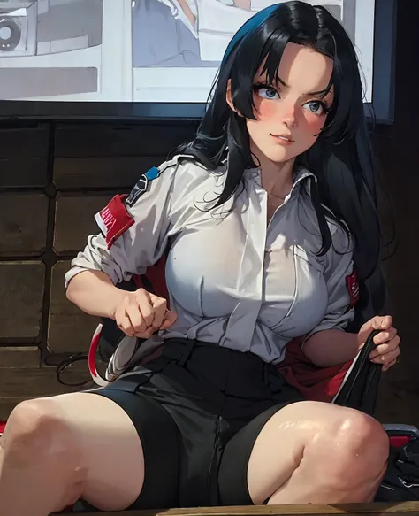 Absurd resolution, high resolution, (masterpiece: 1.4), hyper-detail, black-haired young woman dressed as a technician, blushing and excited expression, sitting in an extremely narrow and closed mecha control room