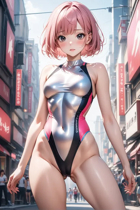 (competition swimsuit), (solo), Six-body woman, (1 cute girl), sexy, 25 years old, drooping eyes, (masterpiece:1.2), (best quality:1.2), (very aesthetic:1.2), (absurdres:1.2), (detailed background),newest,ai-generated, (((Pink hair, short hair, bob cut, bl...