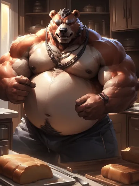 lindong, lucusold, a man with a huge muscular and fat bear making a bread in kitchen , ((muscular, musclegut, belly)), thicc, giant and muscular, danbooru and artstation, heavy detailed, insanely inflated hips, proportionally arms, commission for high res,...