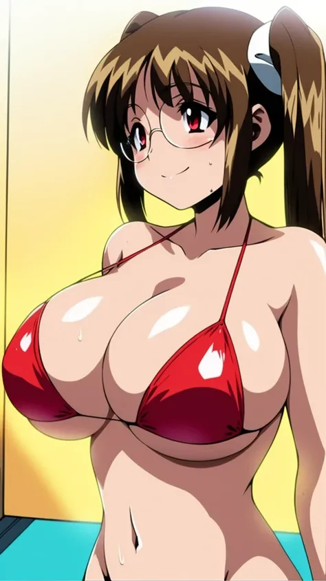 anime,anime style,high resolution、high quality、masterpiece、4k,8k,POV,(bikini:1.4),(happy smile),(sea:1.2),(wet,sweat),huge breasts,(blush:1.2),(smirk.sexy,erotic:1.1),Prim_snowlight,brown hair,twin tail,glasses,red eyes