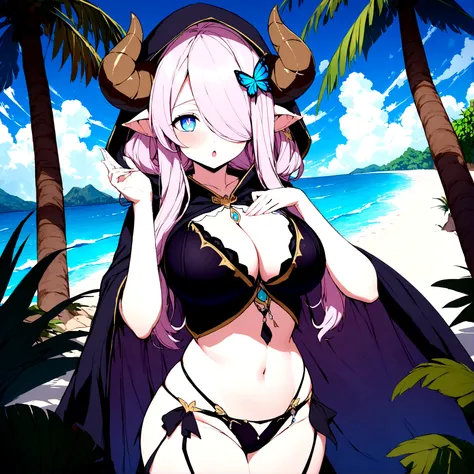 Vibrant, high-definition anime-style illustration set on a tropical beach. The layout features a central female character, Narmaya, with long pink hair, partially covered by a hooded cloak adorned with brown horns. She has fair skin, large expressive blue ...