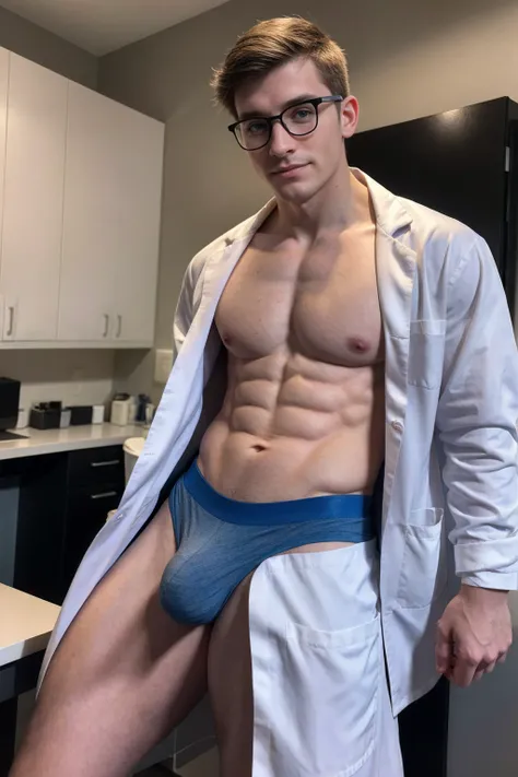 1boy, (Blue Eyes), happy smile,American boy,18 years old,Wear glasses,man hot nerd,young, thick body, slender, sport body build, child-like,White Teenage boy ,Young man in lab coat standing in front of a libeary, medic, vestindo camiseta, lab coat, surgeon...