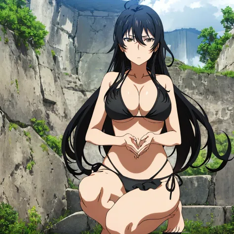 and,1 girl, 一with people, portrait, (big breasts), No expression, long hair, Ahoge, ((Clothes_black bikini,))stylish pose, perfect quality, good quality, masterpiece, HDR, UHD,looking at the viewer, in the center of the image,Show up to your knees,１with pe...