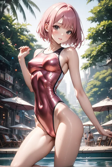 (competition swimsuit), (solo), Six-body woman, (1 cute girl), sexy, 25 years old, (masterpiece:1.2), (best quality:1.2), (very aesthetic:1.2), (absurdres:1.2), (detailed background),newest,ai-generated, (((Pink hair, short hair, bob cut, black eyes))), (v...