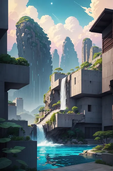 anime (best-quality:0.8), (best-quality:0.8), perfect anime illustration, weve been trying to reach you about your cars extended warranty, An illustration in collage style, with giant boulders, brutalist building sections, terraces, stairs, cacti, agave, c...