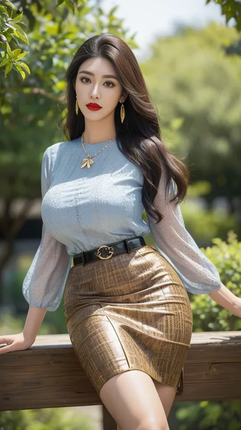 

heeled sandals, beautiful landscape, treesA woman wearing a blouse and dark tight skirt, Symmetrical blouse, tight skirt and thin belt, Elegant materials and design,  ,cosmetic, (lipstick: 1.1), (Eyeliner: 1.2), mascara,  An Asian Japanese woman，super th...