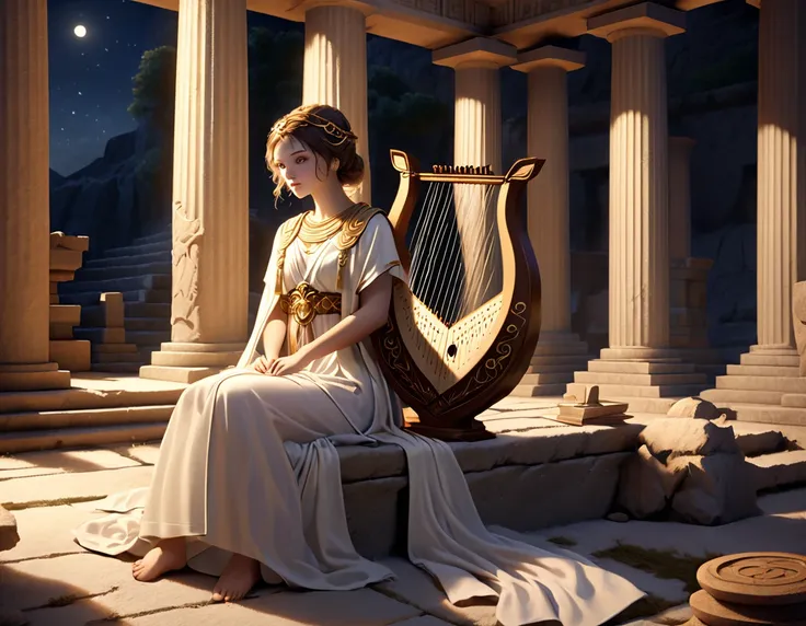 a young priestess, sitting, playing a large lyre, ancient greek temple, late at night, inside the temple it is dark and there is...