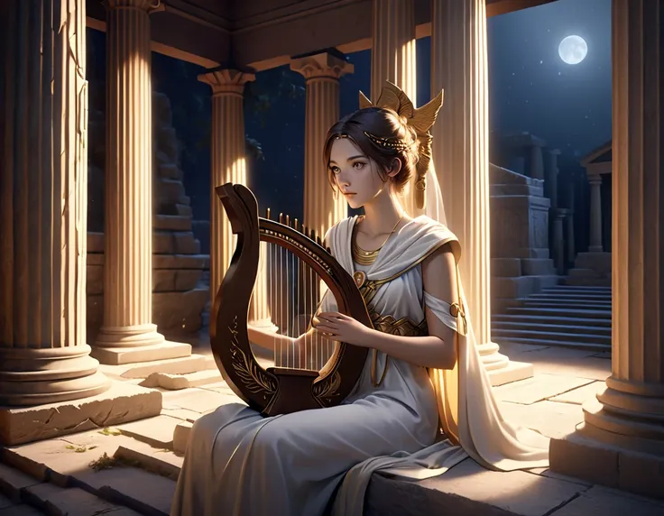 a young priestess, sitting, playing a large lyre, ancient greek temple, late at night, inside the temple it is dark and there is...