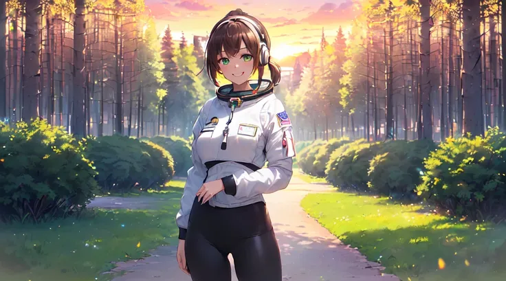 ​masterpiece, 1girl ((20year old, space suit, black tight jogging leggings, astronaut girl, sneakers, medium breasts, multicolor brown hair, twin ponytails, perfect model body, green eyes:1.5, flirting, happy, big smile, wearing headphones, standing in a p...