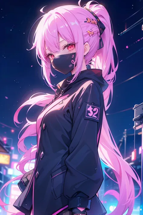 upper body, 1girl, wallpaper, light particles, city, night, background, look at viewer, (ninja), pink hair, long hair, ponytail, demon tail, red eyes, cybermask2023
