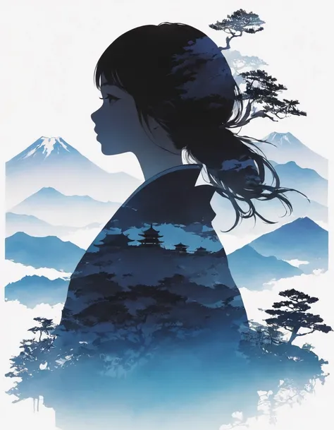 Silhouette of a girl, Lots of Japanese scenery , Modern Japanese Landscape, close, Double Exposure, White Background