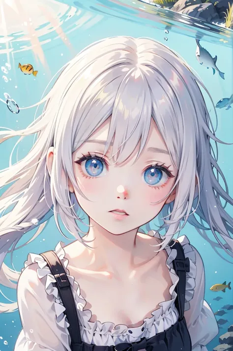 underwater, girl, surprised expression, cat, colorful fish, face close-up, sunlight reflections, water surface, bubbles, serene, peaceful, anime style, vibrant colors, detailed, ethereal, sparkling light, soft shadows, tranquility, dreamy, art illustration