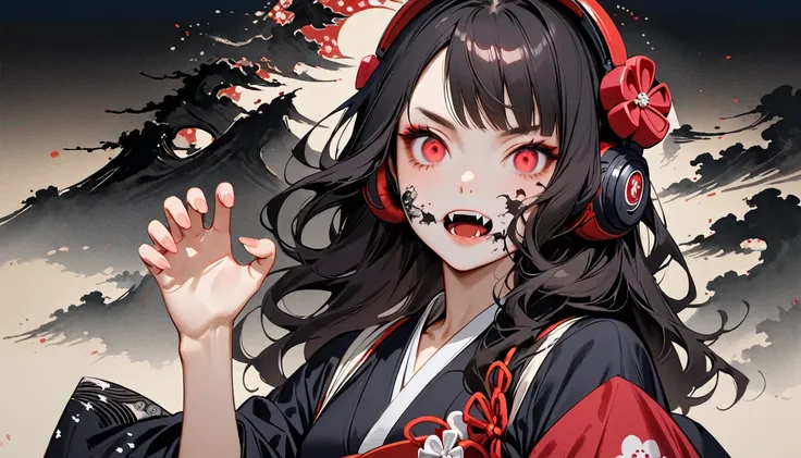 (((Light colored sunglasses))), (((Horror elements))), (((TATOO on the face))), (((claw pose))), (((Highest quality))), (((Katsushika Hokusai))), (((Ink Painting))), ((very straight longhair)), ((1 girl)), ((Eyes glow red)), ((A beautiful girl possessed by...