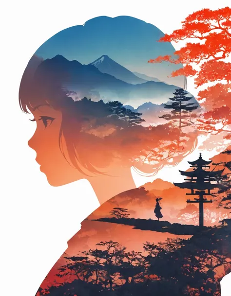 Silhouette of a girl, Lots of Japanese scenery , Modern Japanese Landscape, close, Double Exposure, White Background